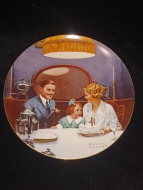 Knowles Norman Rockwell Family Dinner Plate - Blue, White, Gold